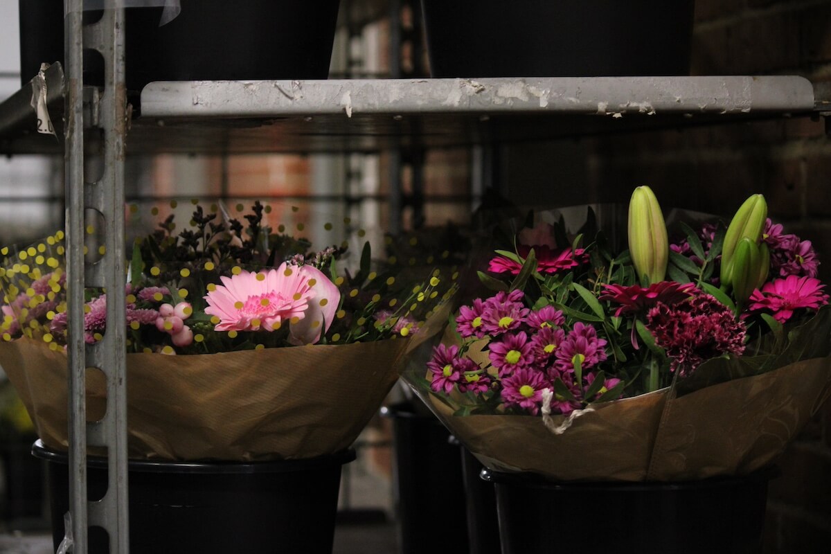 Findan blomsterbuketter i kølerum tæt på